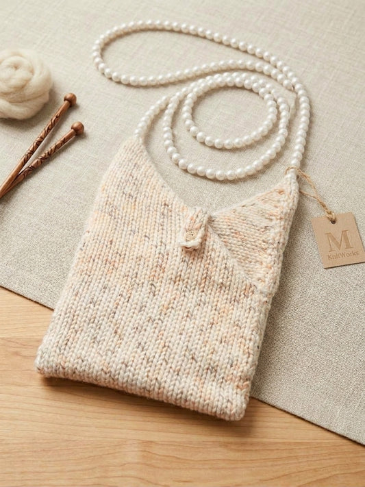 Hand-Knit Crossbody Purse with White Bead Strap