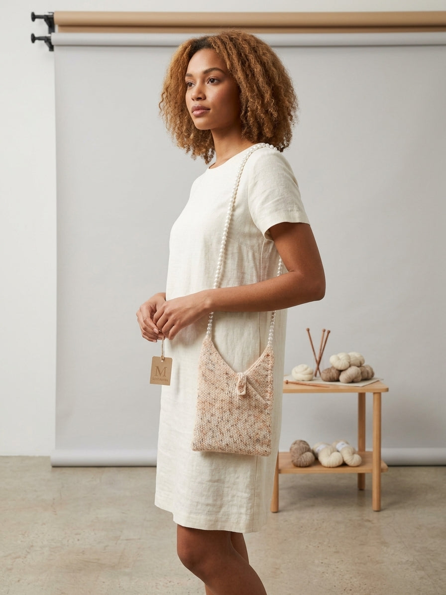 Hand-Knit Crossbody Purse with White Bead Strap