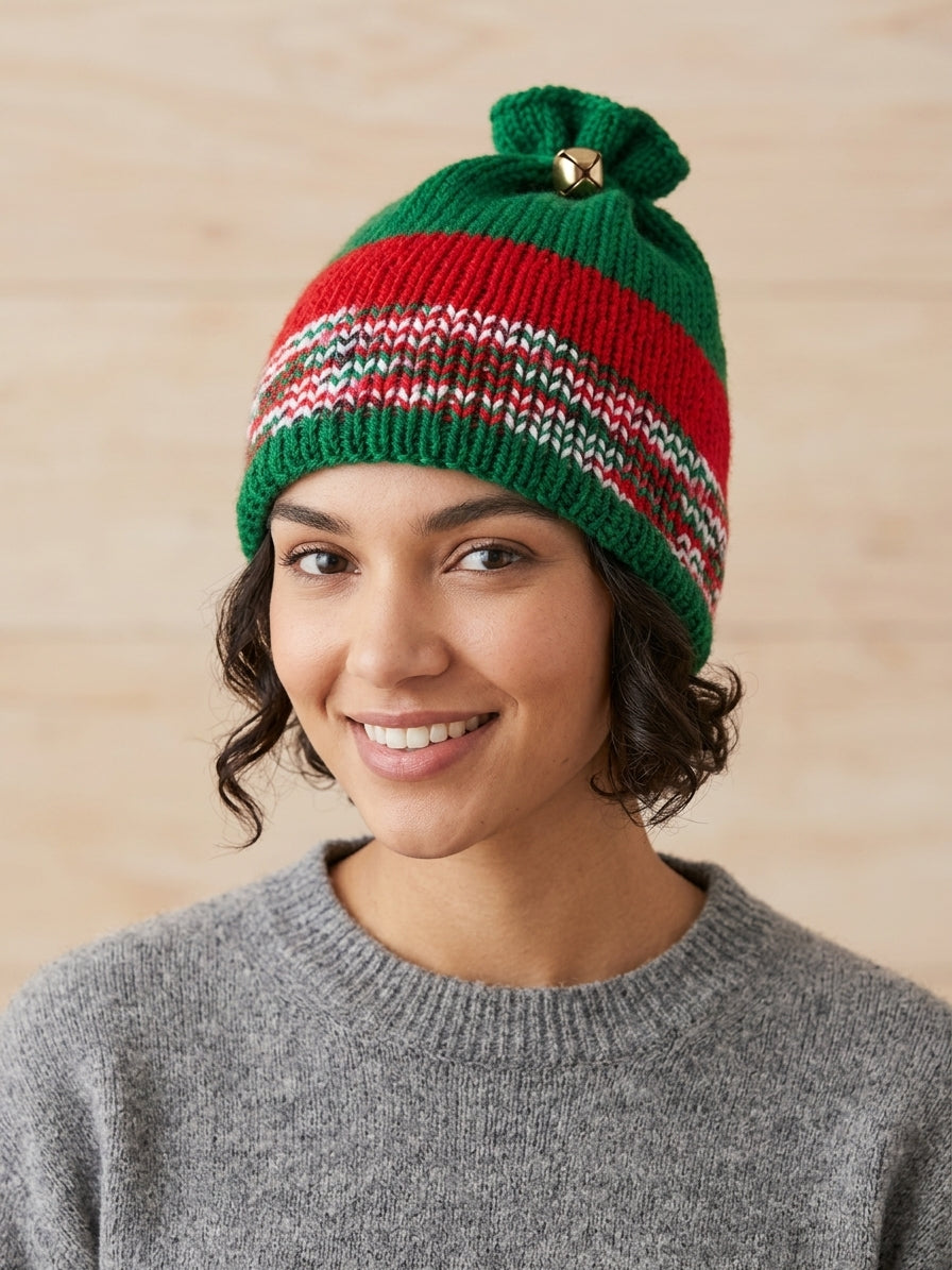 Hand-Knit Holiday Elfin Beanie with Gold Jingle Bell Top