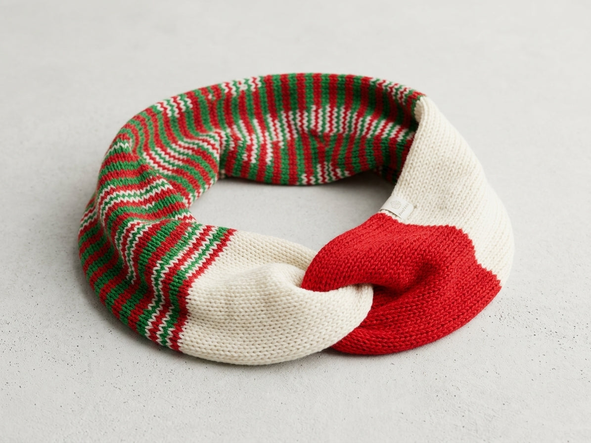 Festive Knit Twisted Infinity Scarf – Red, Green, and Cream Holiday Loop