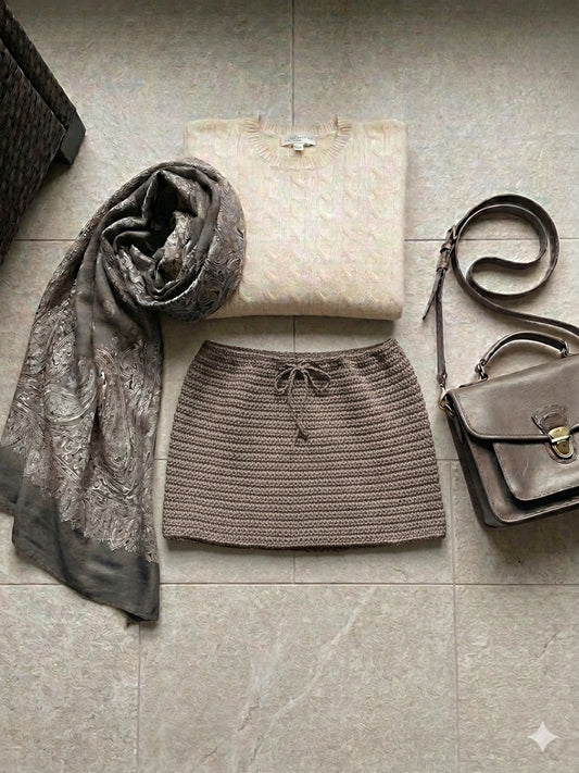 Cozy Knit Drawstring Mini – Metallic Fleck Crochet Skirt in Mauve-Brown