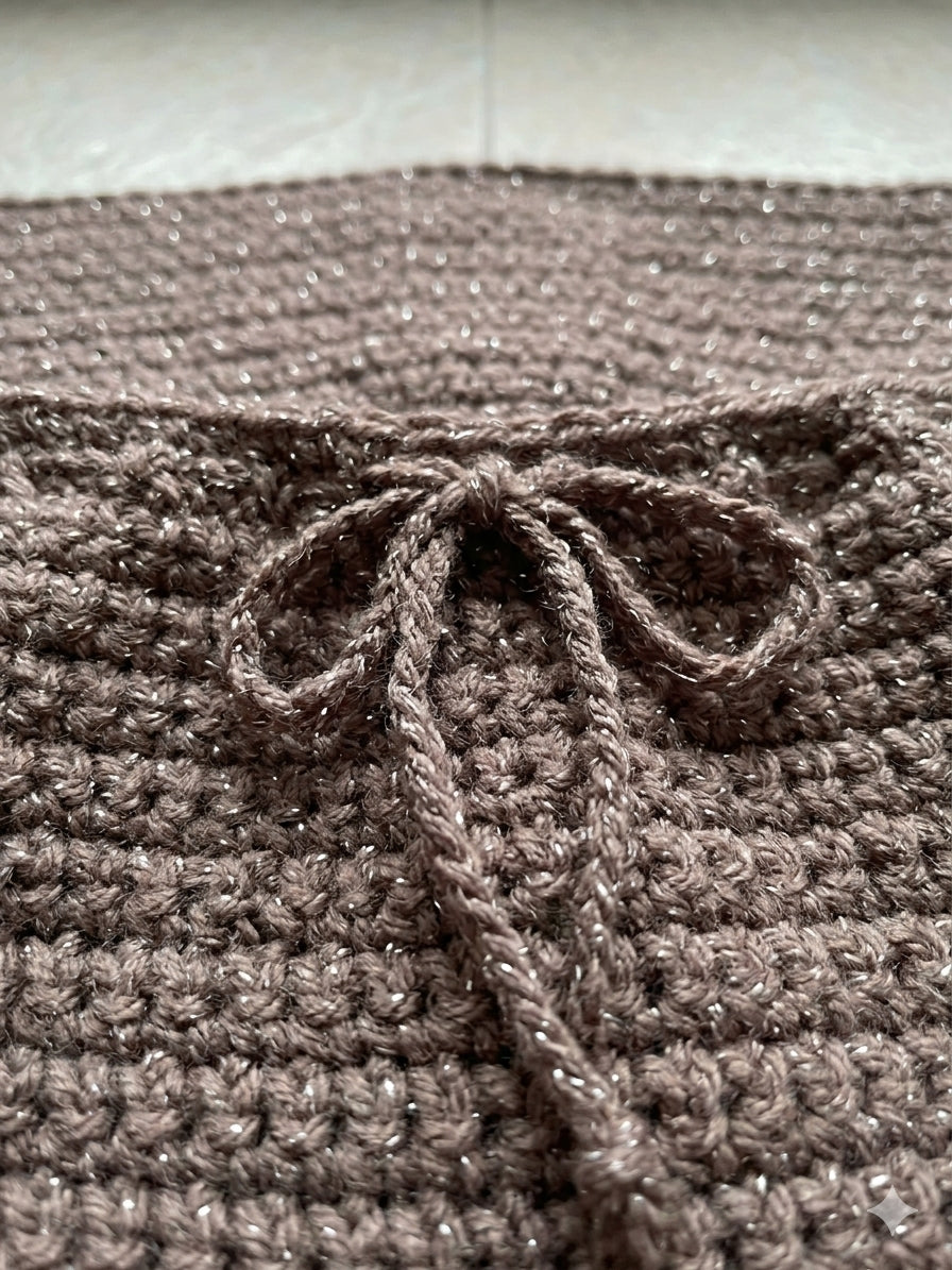 Cozy Knit Drawstring Mini – Metallic Fleck Crochet Skirt in Mauve-Brown