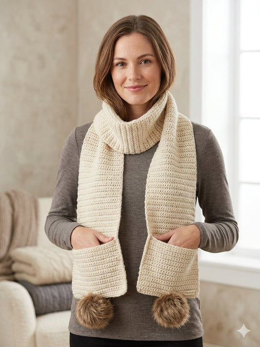 Cozy Knit Pocket Scarf with Faux Fur Pom Poms