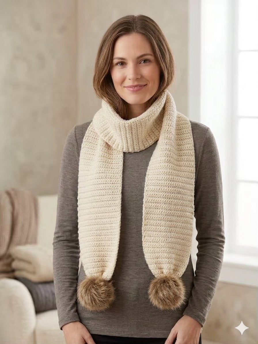 Cozy Knit Pocket Scarf with Faux Fur Pom Poms