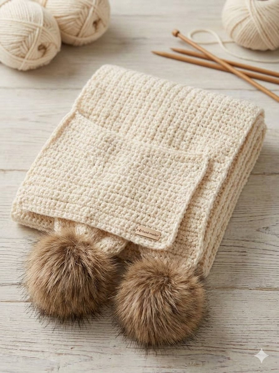 Cozy Knit Pocket Scarf with Faux Fur Pom Poms