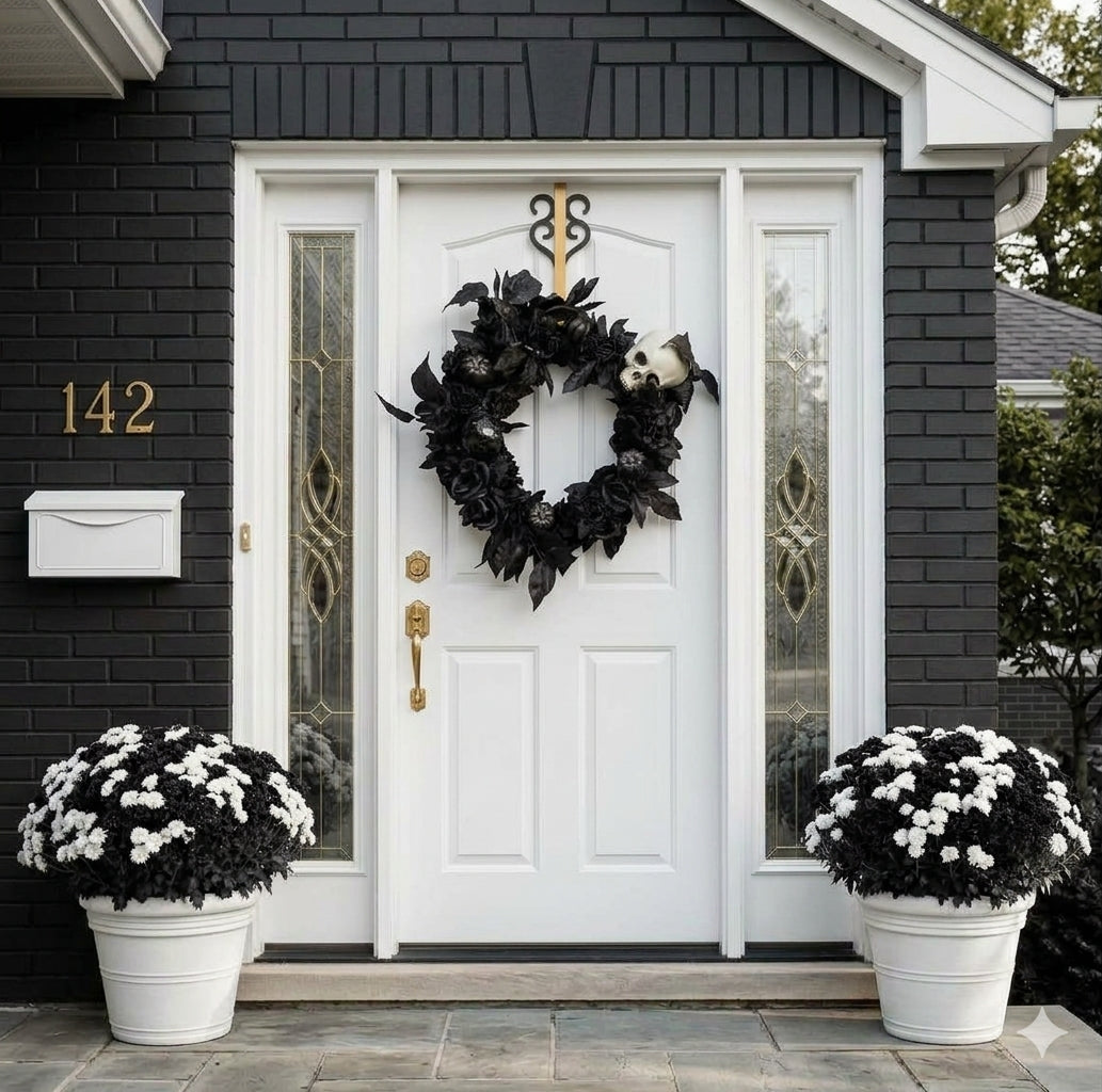 14” Gothic Skull Halloween Wreath – Handmade Front Door Decor with Black Roses & Pumpkins