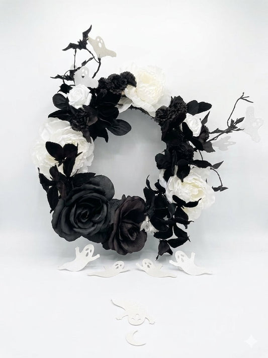 Elegant Black & White Halloween Door Wreath | Ghost & Floral Gothic Decor