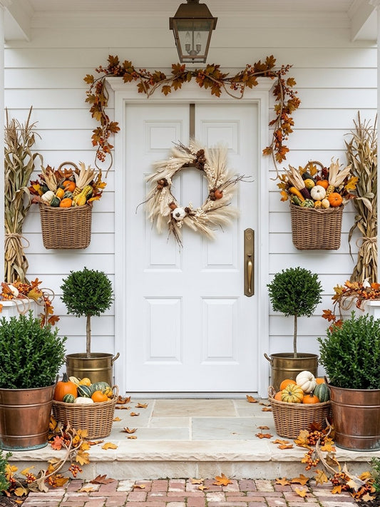 14” Boho Pampas Grass Fall Wreath – Neutral Autumn Front Door Decor with White Pumpkins & Pinecones