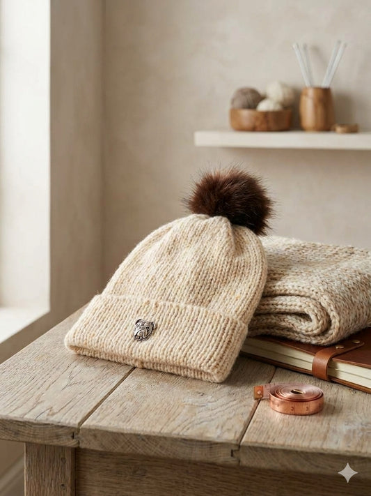 Cozy Knit Bulldog Beanie with Faux Fur Pom