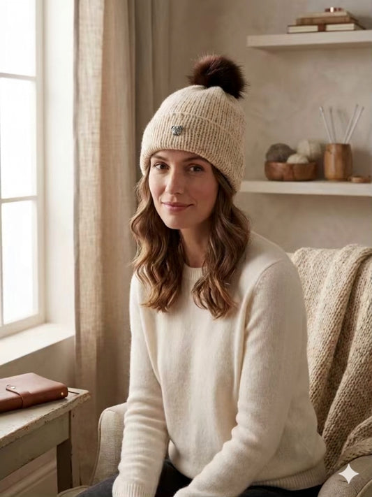 Cozy Knit Bulldog Beanie with Faux Fur Pom