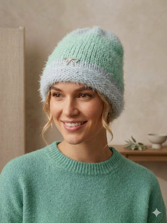 Hand-Knit Fluffy Ponytail Beanie with Crystal Bow Accent – Mint & Powder Blue Messy Bun Hat