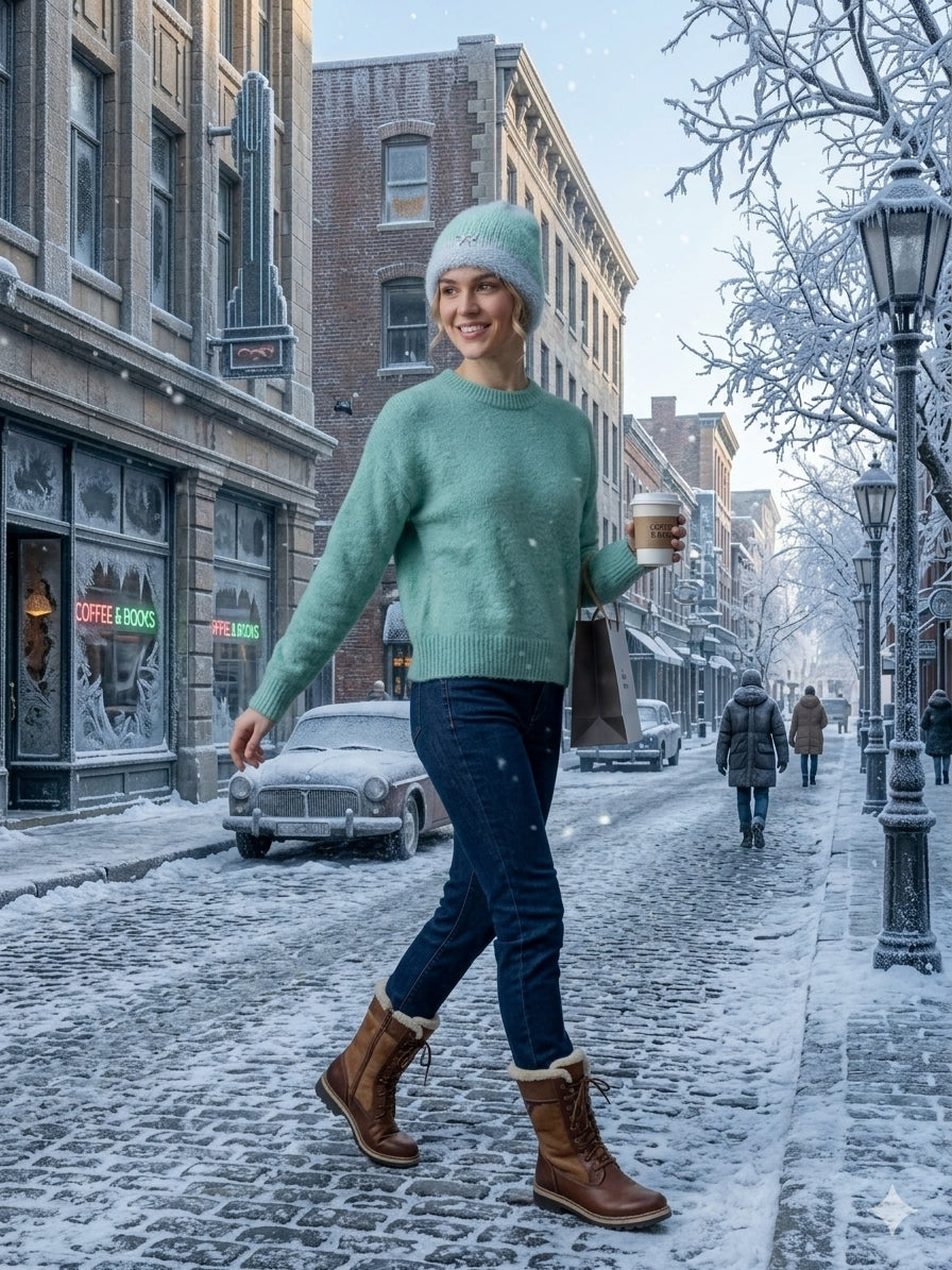 Hand-Knit Fluffy Ponytail Beanie with Crystal Bow Accent – Mint & Powder Blue Messy Bun Hat