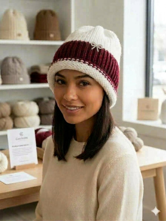 Crimson Game Day Rhinestone Bow Ponytail Beanie – Maroon & White Rolled Brim Knit Hat