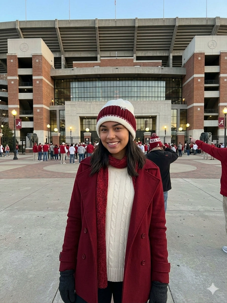 Crimson Game Day Rhinestone Bow Ponytail Beanie – Maroon & White Rolled Brim Knit Hat