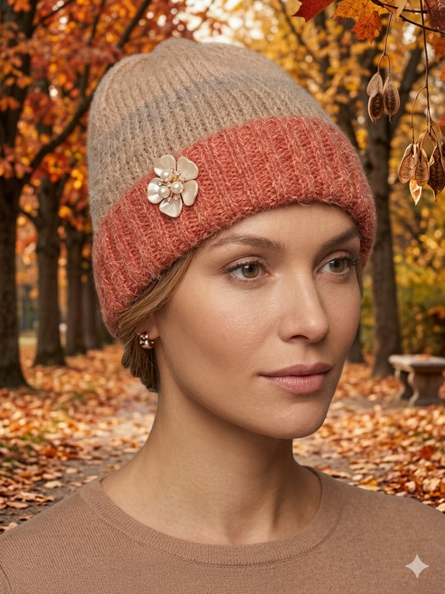 Women's Tricolor Fuzzy Knit Beanie – Flower & Pearl Embellished Hat