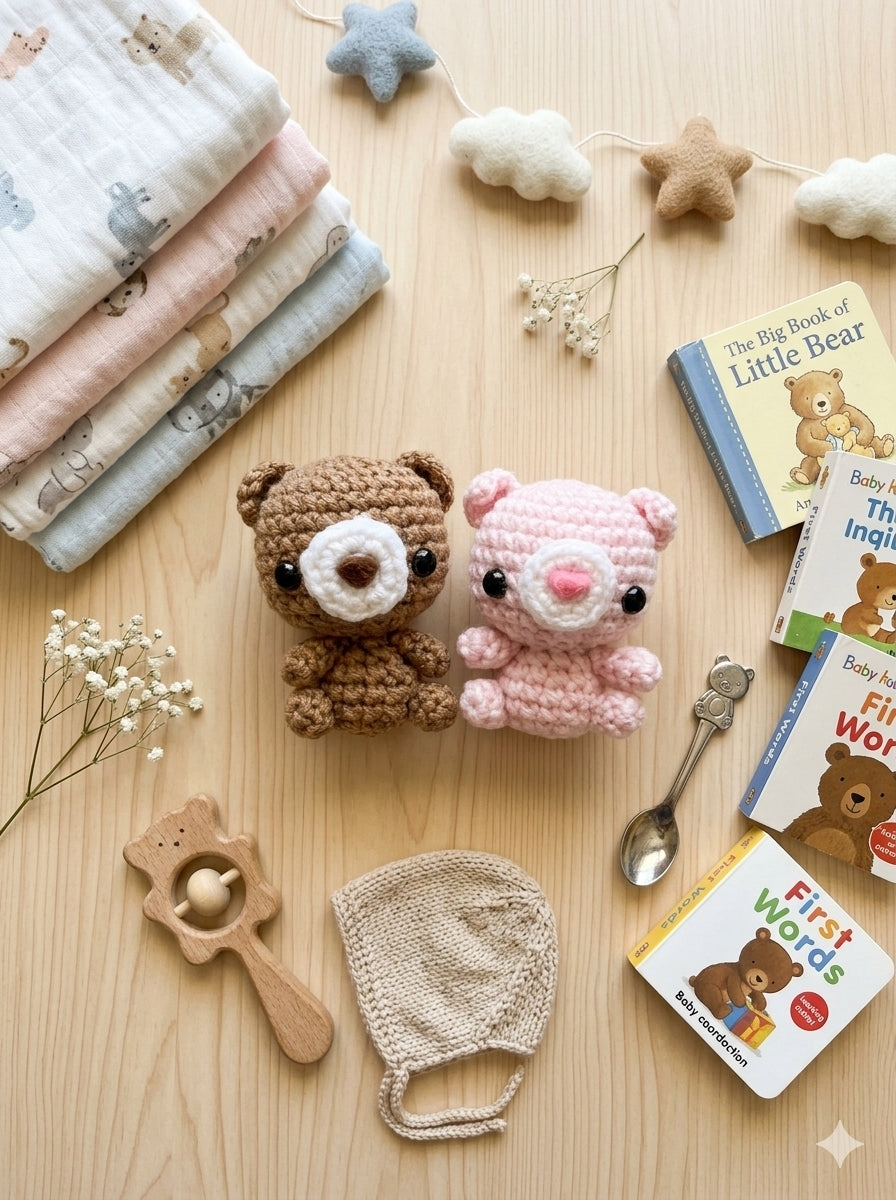 Handmade Crochet Bear Plushie Bundle | Matching Mini Teddy Bear Set