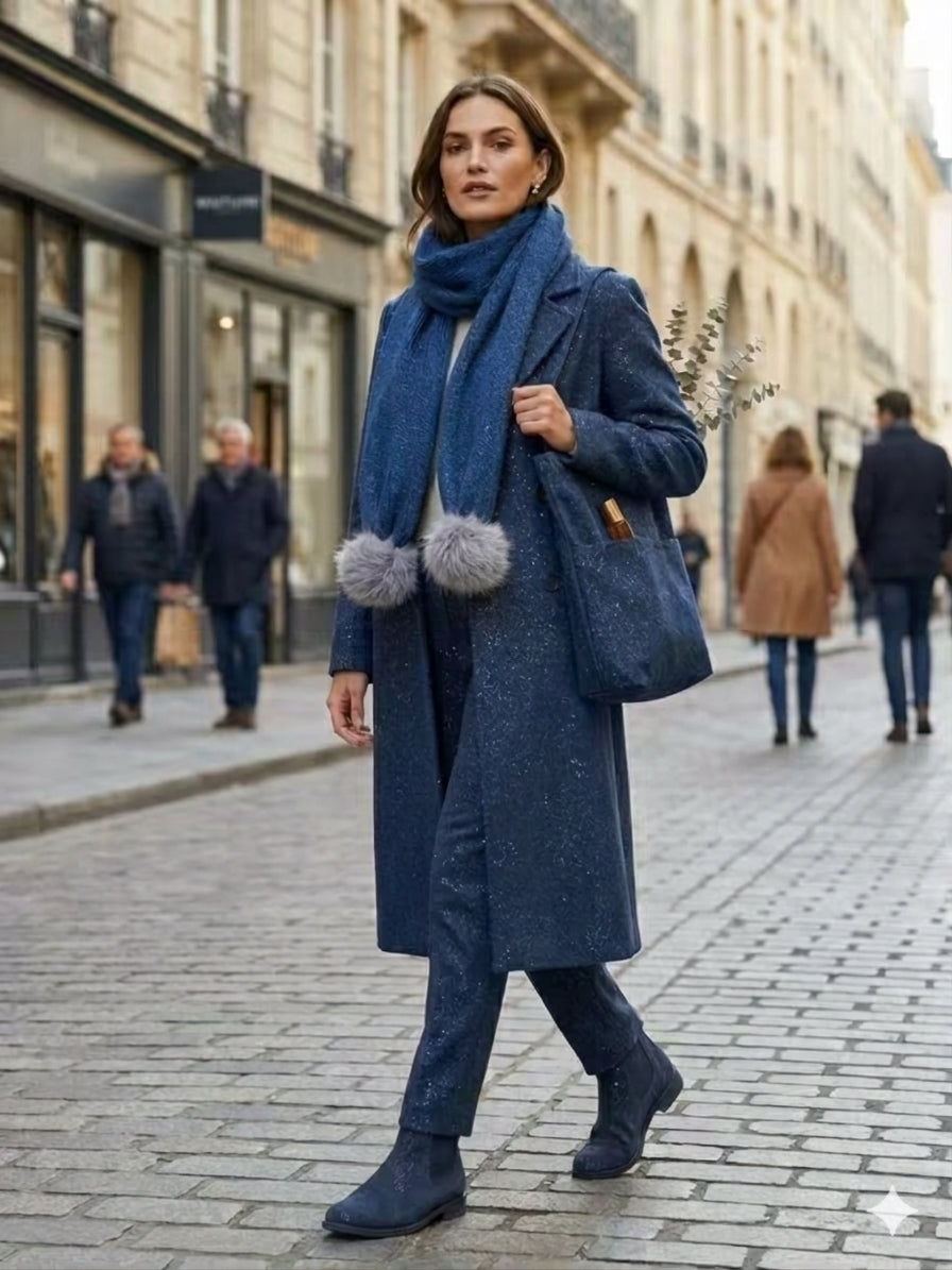 The Luxe Shimmer Knit Scarf – Indigo Sparkle Wrap with Faux Fur Pom Poms