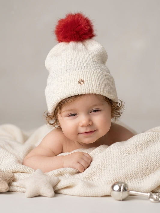 Infant Holiday Slouchy Knit Beanie with Faux-Fur Pom & Snowflake Charm (0-6 Months)