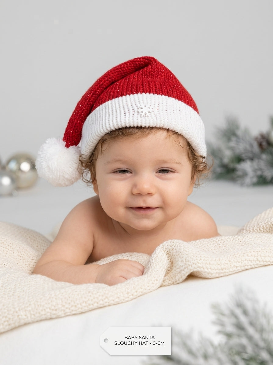 Infant Classic Red Slouchy Santa Knit Beanie with Faux-Fur Pom & Snowflake (0-6 Months)